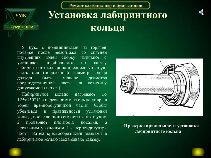 Установка лабиринтного кольца У букс с подшипниками на горячей посадке после