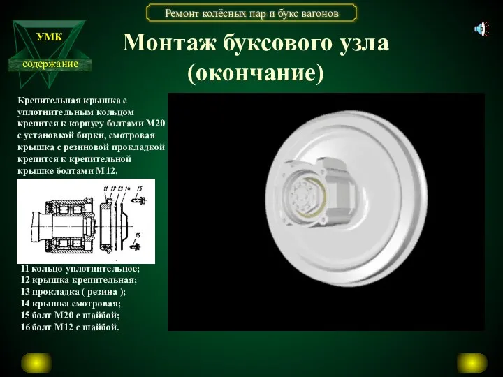 Монтаж буксового узла (окончание) Крепительная крышка с уплотнительным кольцом крепится к