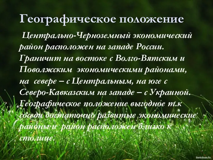 Географическое положение Центрально-Черноземный экономический район расположен на западе России. Граничит на