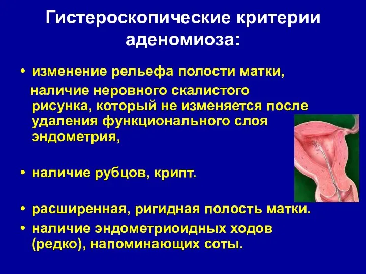 изменение рельефа полости матки, наличие неровного скалистого рисунка, который не изменяется