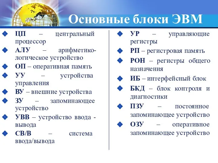 Основные блоки ЭВМ ЦП – центральный процессор АЛУ – арифметико-логическое устройство