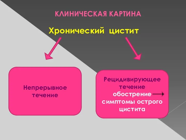 КЛИНИЧЕСКАЯ КАРТИНА Хронический цистит Непрерывное течение Рецидивирующее течение обострение симптомы острого цистита