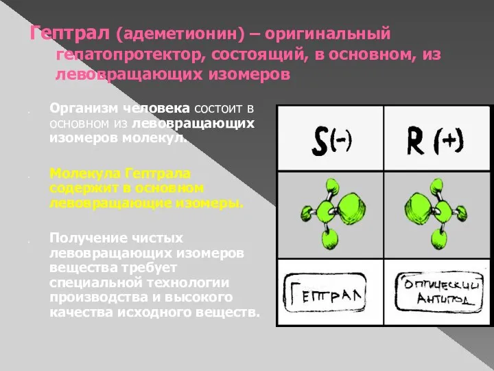 Гептрал (адеметионин) – оригинальный гепатопротектор, состоящий, в основном, из левовращающих изомеров