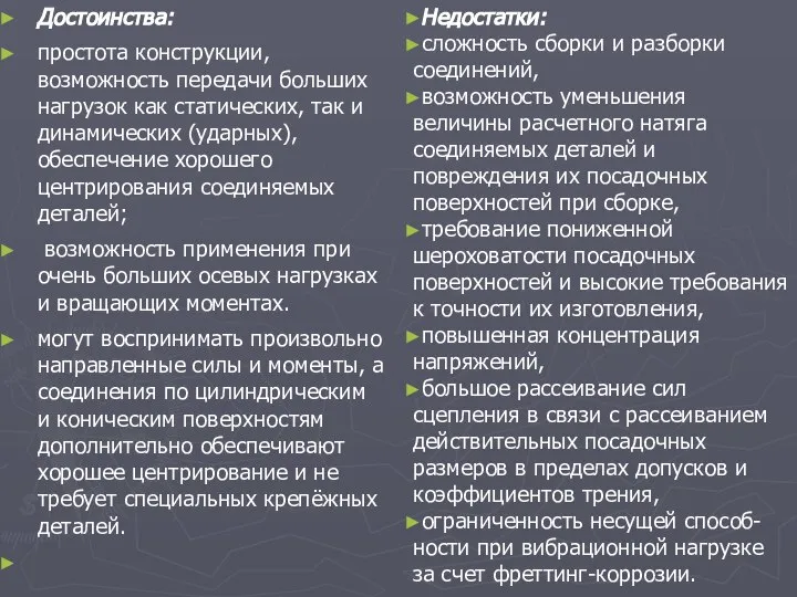 Достоинства: простота конструкции, возможность передачи больших нагрузок как статических, так и