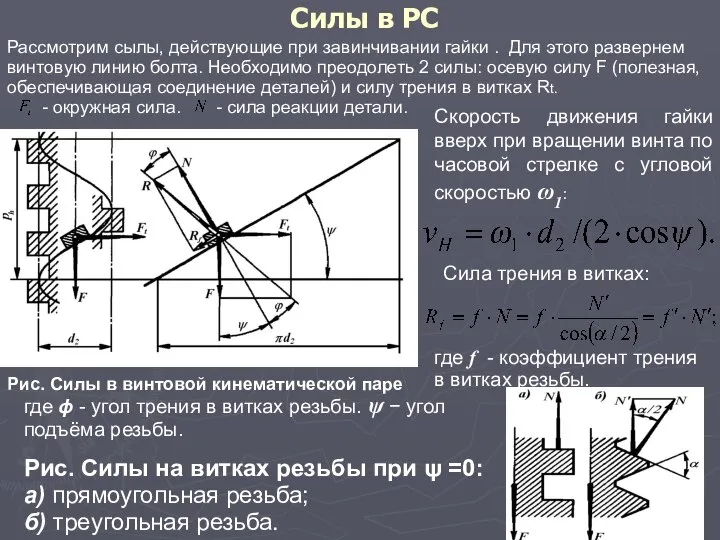 Силы в РС Рис. Силы в винтовой кинематической паре Скорость движения