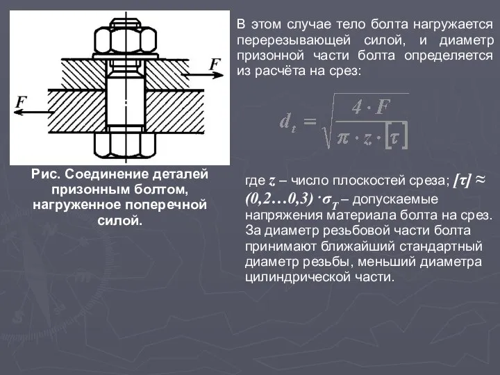 Рис. Соединение деталей призонным болтом, нагруженное поперечной силой. В этом случае