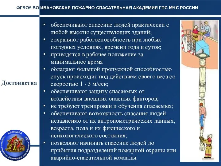 Достоинства ИВАНОВСКАЯ ПОЖАРНО-СПАСАТЕЛЬНАЯ АКАДЕМИЯ ГПС МЧС РОССИИ ФГБОУ ВО обеспечивают спасение