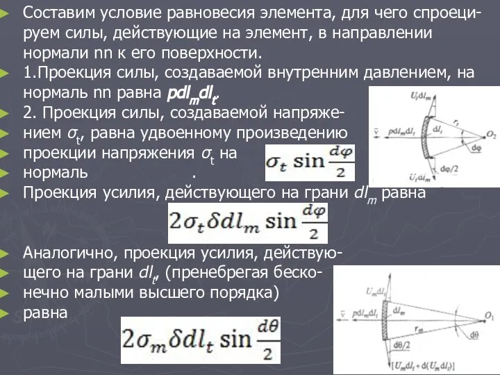 Составим условие равновесия элемента, для чего спроеци-руем силы, действующие на элемент,