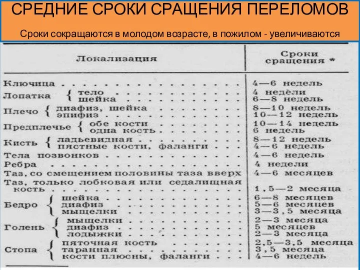 СРЕДНИЕ СРОКИ СРАЩЕНИЯ ПЕРЕЛОМОВ Сроки сокращаются в молодом возрасте, в пожилом - увеличиваются