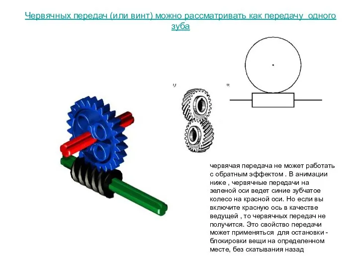 Червячных передач (или винт) можно рассматривать как передачу одного зуба червячая