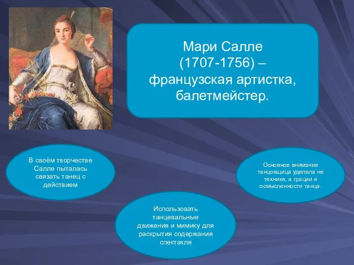 Мари Салле (1707-1756) – французская артистка, балетмейстер. Использовать танцевальные движения и