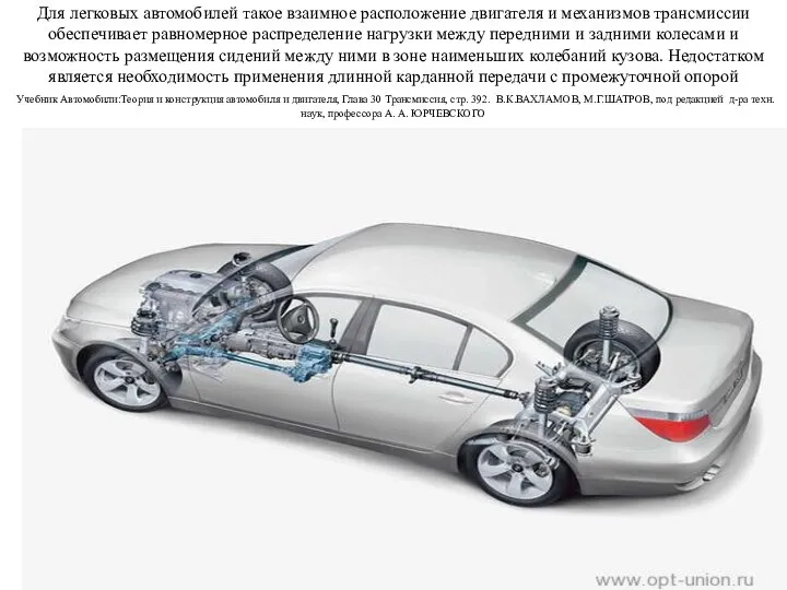 Для легковых автомобилей такое взаимное расположение двигателя и механизмов трансмиссии обеспечивает