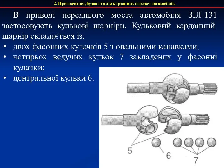 В приводі переднього моста автомобіля ЗІЛ-131 застосовують кулькові шарніри. Кульковий карданний