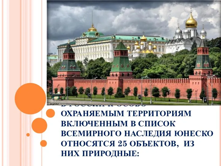 В РОССИИ К ОСОБО ОХРАНЯЕМЫМ ТЕРРИТОРИЯМ ВКЛЮЧЕННЫМ В СПИСОК ВСЕМИРНОГО НАСЛЕДИЯ