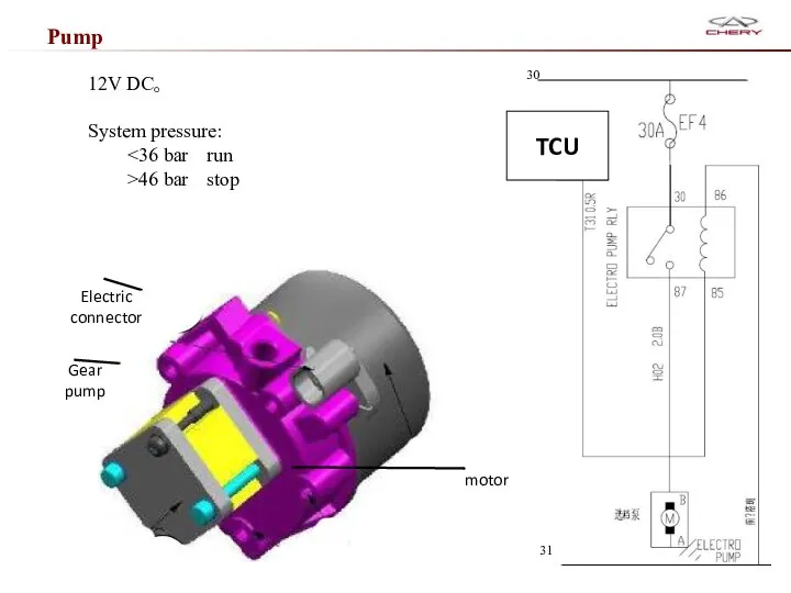 Pump 12V DC。 System pressure: >46 bar stop TCU 30 31