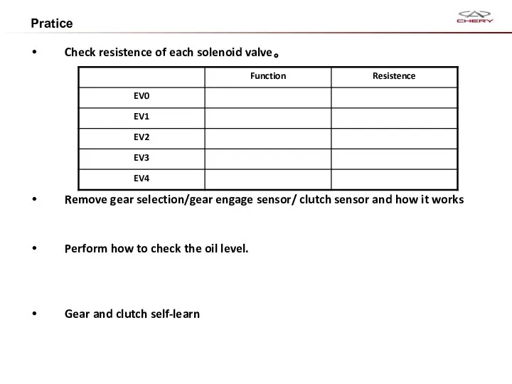 Pratice Check resistence of each solenoid valve。 Remove gear selection/gear engage