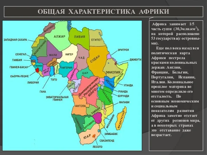 ОБЩАЯ ХАРАКТЕРИСТИКА АФРИКИ Африка занимает 1/5 часть суши (30,3млн.км2), на которой