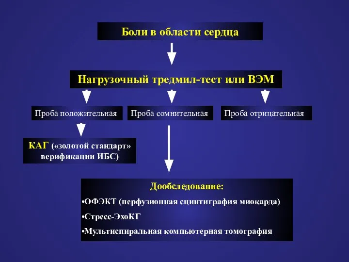 Боли в области сердца Нагрузочный тредмил-тест или ВЭМ Проба положительная Проба