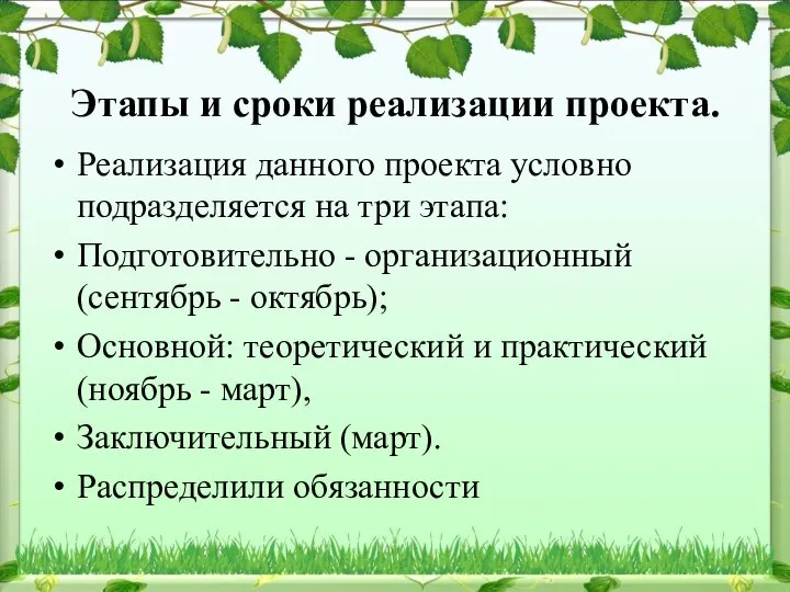 Этапы и сроки реализации проекта. Реализация данного проекта условно подразделяется на