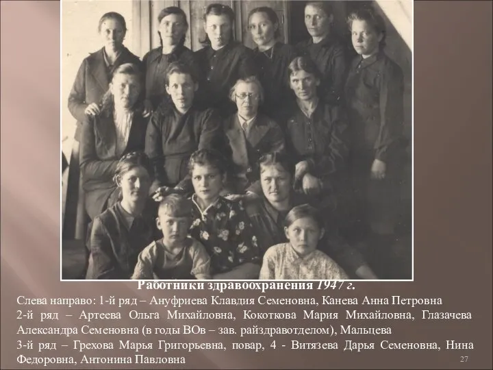 Работники здравоохранения 1947 г. Слева направо: 1-й ряд – Ануфриева Клавдия