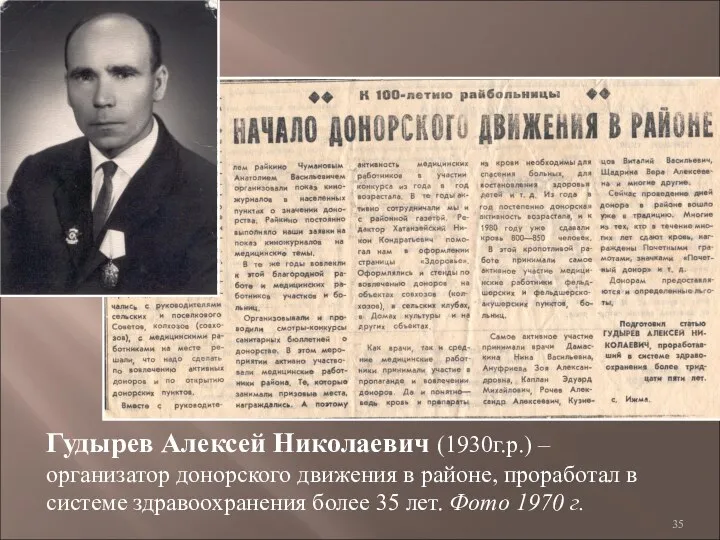 Гудырев Алексей Николаевич (1930г.р.) – организатор донорского движения в районе, проработал