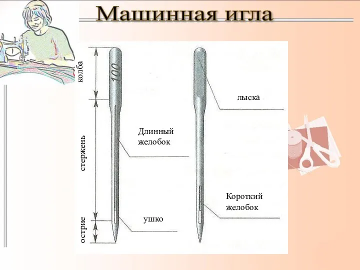 лыска Короткий желобок Длинный желобок ушко острие стержень колба Машинная игла