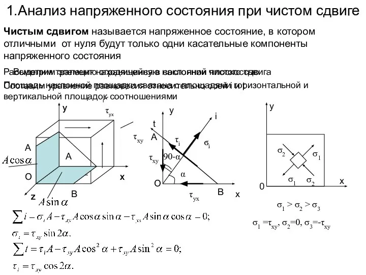 1.Анализ напряженного состояния при чистом сдвиге Чистым сдвигом называется напряженное состояние,