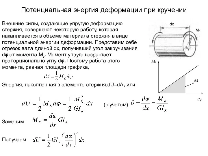 Потенциальная энергия деформации при кручении Mк dx Внешние силы, создающие упругую