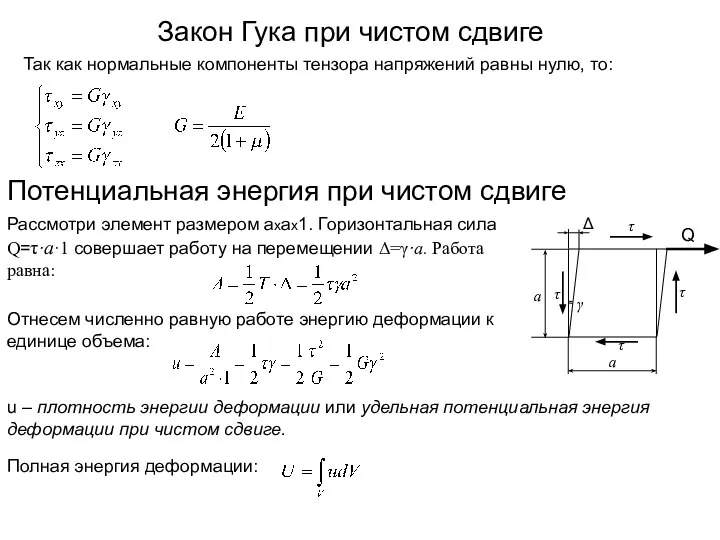 Закон Гука при чистом сдвиге Так как нормальные компоненты тензора напряжений