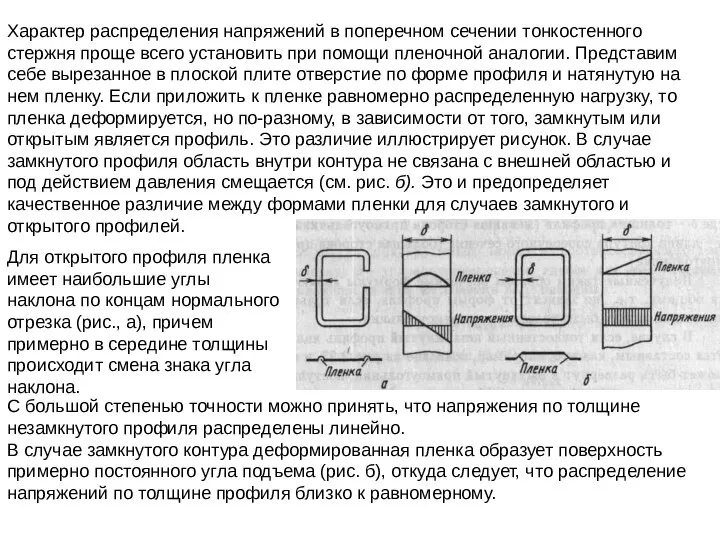 Характер распределения напряжений в поперечном сечении тонкостенного стержня проще всего установить