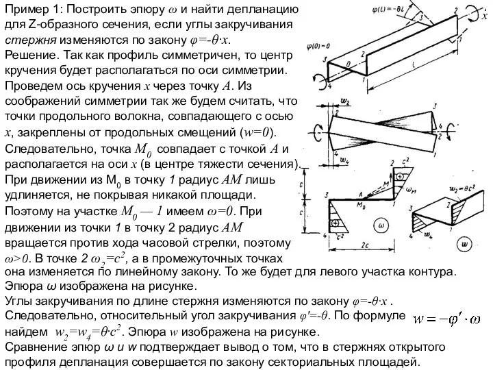 Пример 1: Построить эпюру ω и найти депланацию для Ζ-образного сечения,