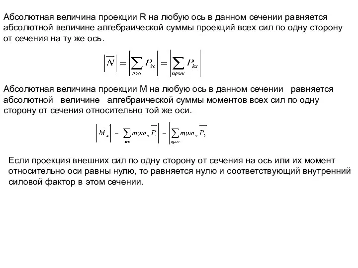 Абсолютная величина проекции R на любую ось в данном сечении равняется