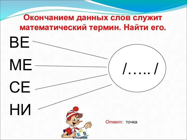 Окончанием данных слов служит математический термин. Найти его. Ответ: точка