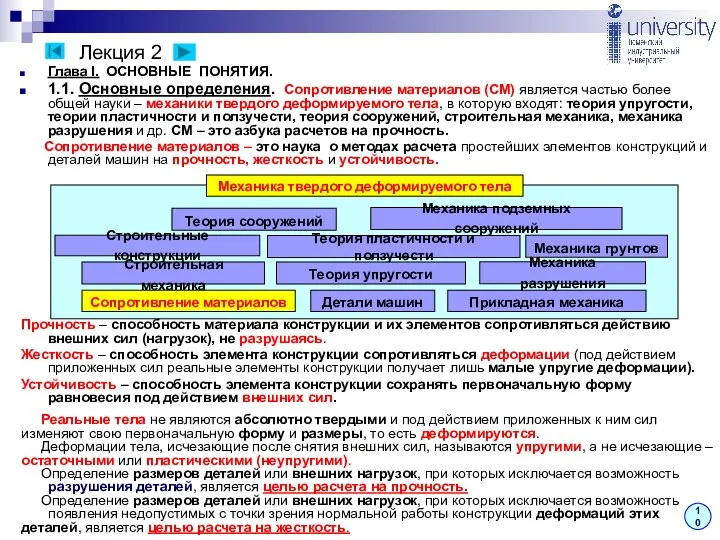 Лекция 2 Глава I. ОСНОВНЫЕ ПОНЯТИЯ. 1.1. Основные определения. Сопротивление материалов