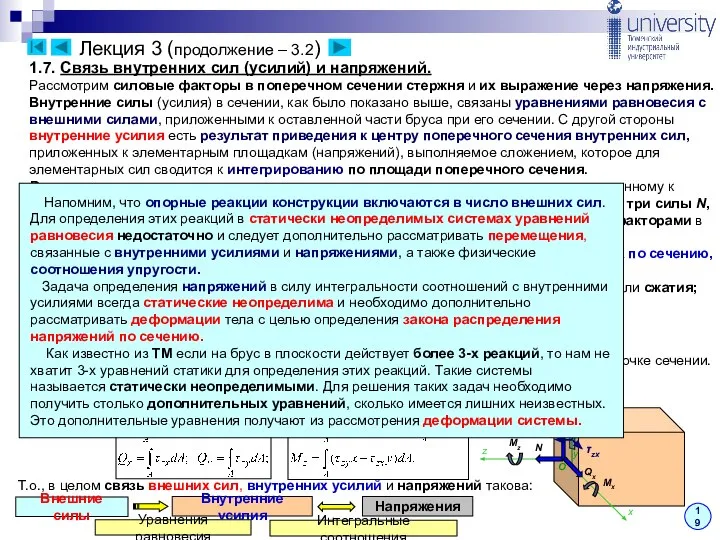 Лекция 3 (продолжение – 3.2) 19 Внутренние силы, распределенные по сечению,