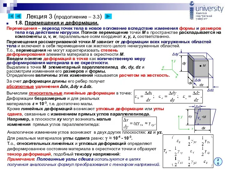 Лекция 3 (продолжение – 3.3) 20 1.8. Перемещения и деформации. Перемещения