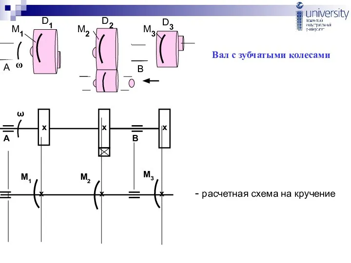 Вал с зубчатыми колесами D3 D1 D2 ω М1 М2 М3