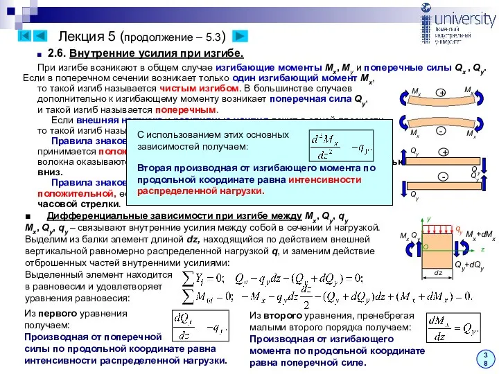 2.6. Внутренние усилия при изгибе. 38 При изгибе возникают в общем