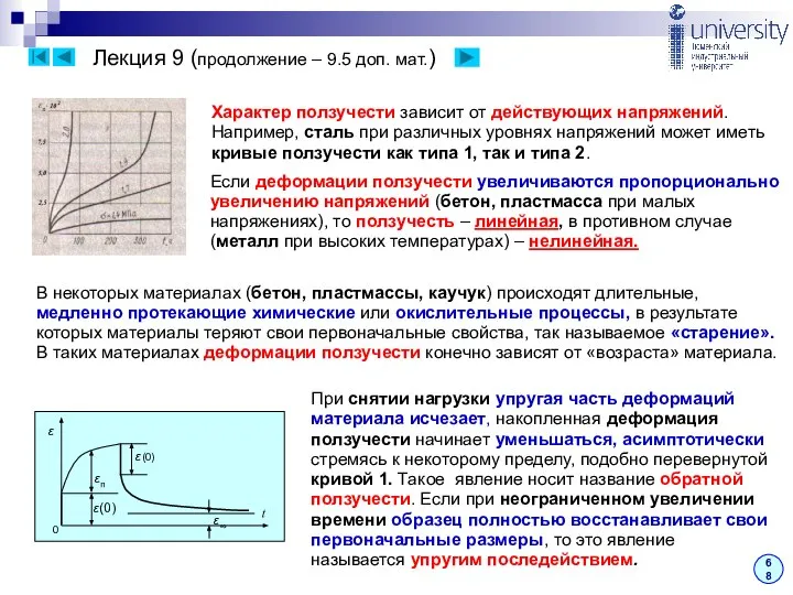 Лекция 9 (продолжение – 9.5 доп. мат.) 68 Характер ползучести зависит