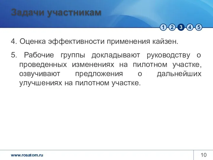 Задачи участникам 4. Оценка эффективности применения кайзен. 5. Рабочие группы докладывают