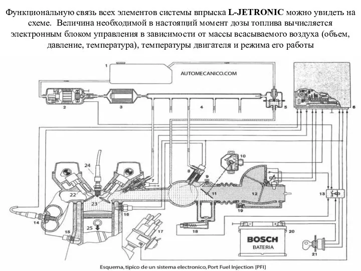 Функциональную связь всех элементов системы впрыска L-JETRONIC можно увидеть на схеме.