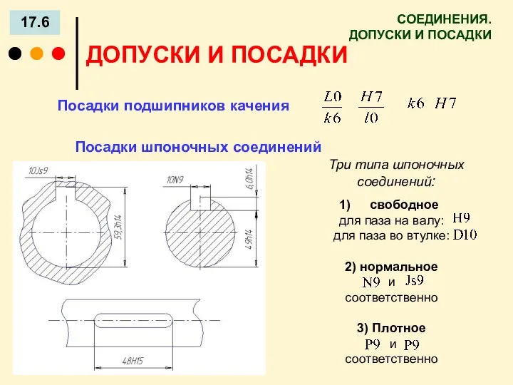 СОЕДИНЕНИЯ. ДОПУСКИ И ПОСАДКИ 17.6 ДОПУСКИ И ПОСАДКИ Посадки подшипников качения Посадки шпоночных соединений