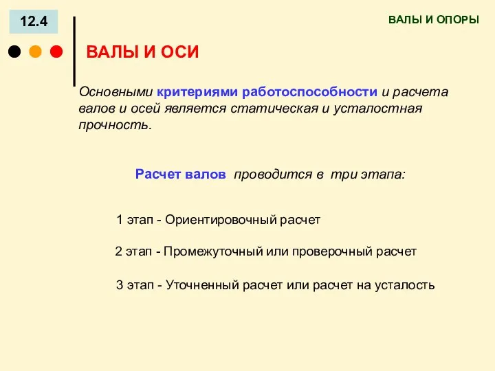 ВАЛЫ И ОПОРЫ 12.4 ВАЛЫ И ОСИ Основными критериями работоспособности и