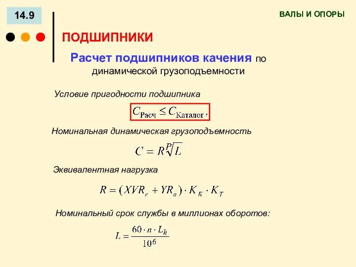 ВАЛЫ И ОПОРЫ 14.9 ПОДШИПНИКИ Расчет подшипников качения по динамической грузоподъемности