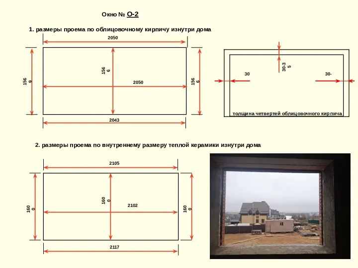 2050 Окно № О-2 1. размеры проема по облицовочному кирпичу изнутри
