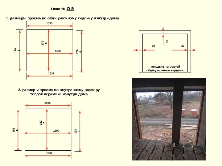 1535 Окно № О-5 1. размеры проема по облицовочному кирпичу изнутри