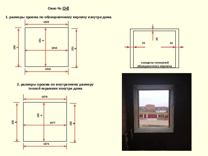 1020 Окно № О-8 1. размеры проема по облицовочному кирпичу изнутри