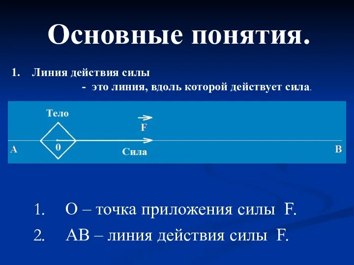 Основные понятия. Линия действия силы - это линия, вдоль которой действует