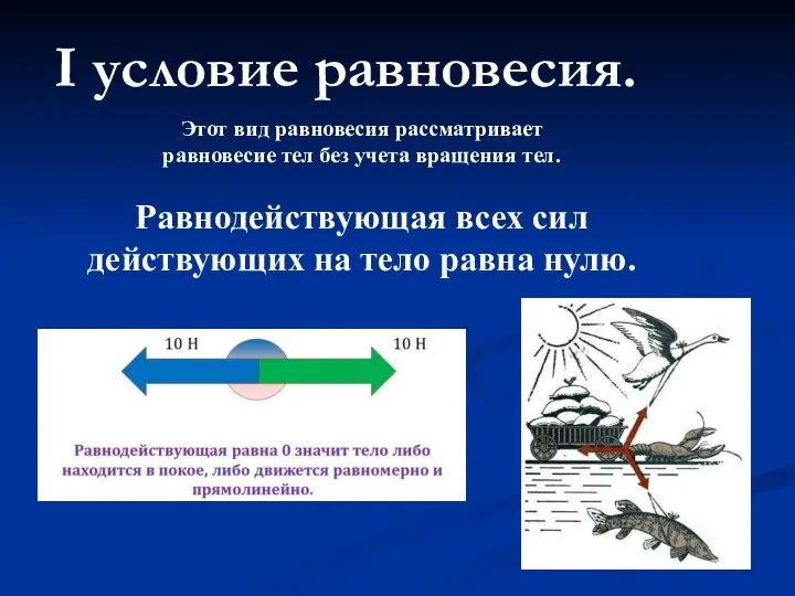 I условие равновесия. Этот вид равновесия рассматривает равновесие тел без учета