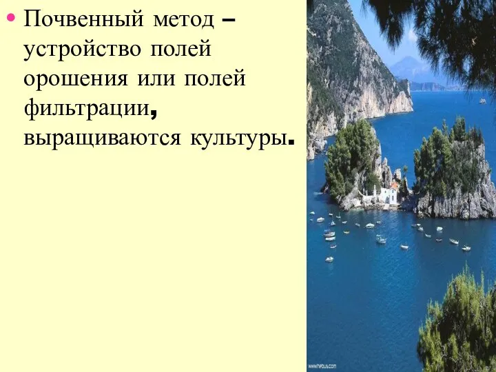 Почвенный метод – устройство полей орошения или полей фильтрации, выращиваются культуры.